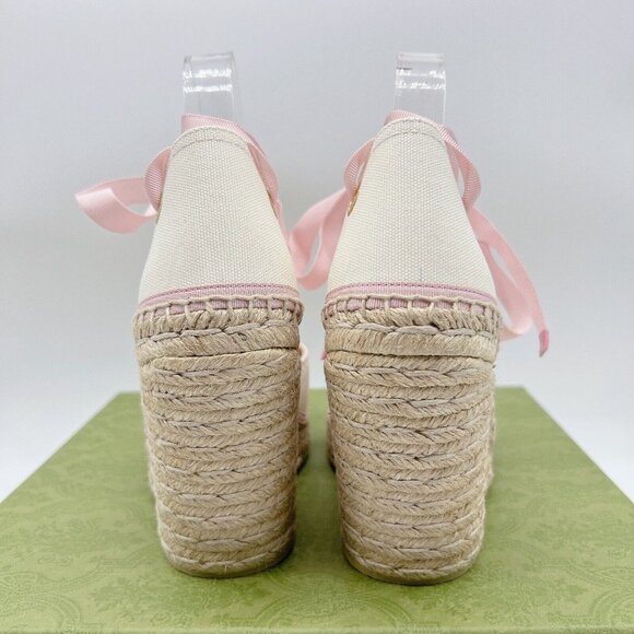 GUCCI INTERLOCKING G Platform Wedge ESPADRILLE Pink RIBBON TIE EU 40/ US 10 - Picture 7 of 12